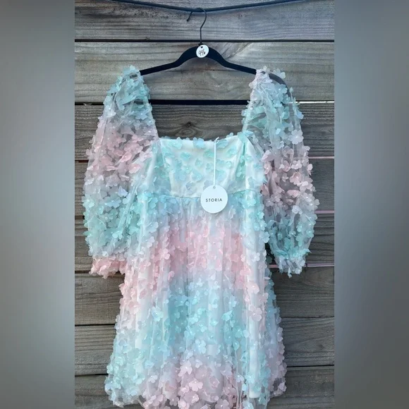 NWT Storia by Anthropologie Rainbow Floral Babydoll Mini Dress Spring SMALL - Picture 2 of 7